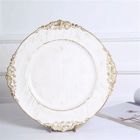 Pack White Round Baroque Charger Plates Leaf Embossed Antique Gold Rim Charger Plates