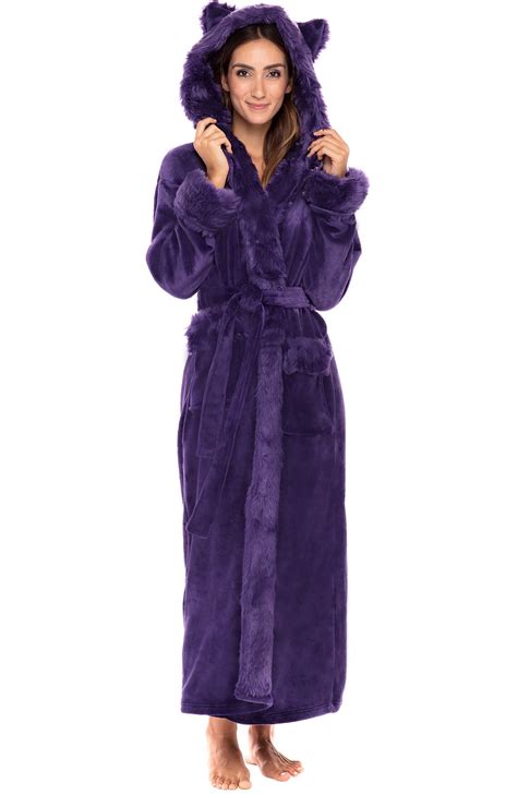 Alexander Del Rossa Womens Warm Fleece Robe With Hood Long Faux Fur
