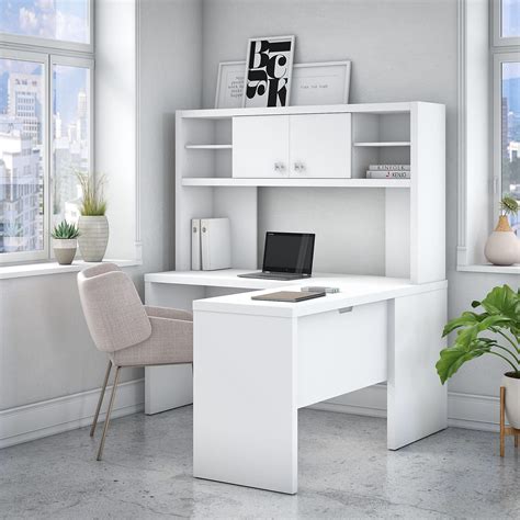 White l shaped desk home office. L Shaped Desk with Hutch in Pure White