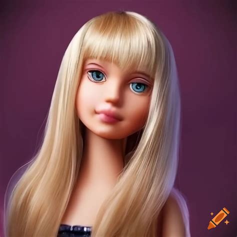 Beautiful Blonde Bangs Tween Girl Portrait Real Life Super Detailed Enhanced Morphs Into Barbie