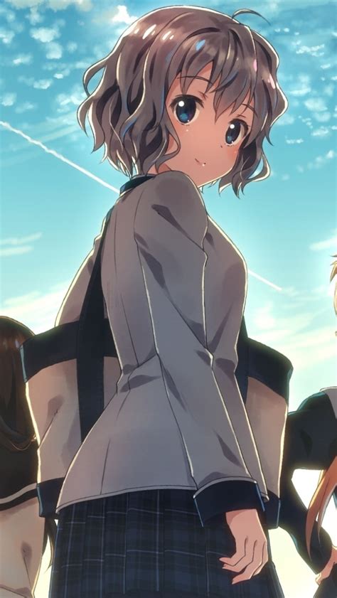 Wallpaper School Uniform Anime Girls Short Hair Sky Smiling Back
