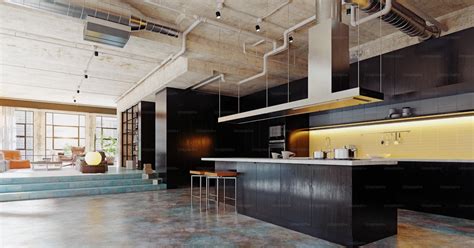 Modern Loft Kitchen Interior3d Rendering Design Concept Photo Dark