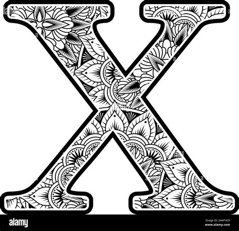 Capital Letter X With Abstract Flowers Ornaments In Black And White