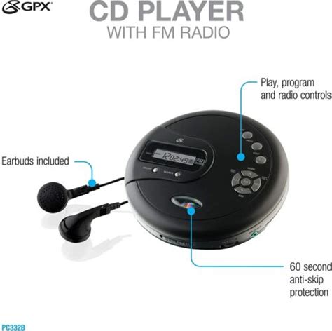 Pc332b Gpx Portable Cd Player Anti Skip Protection Fm Radio And Stereo