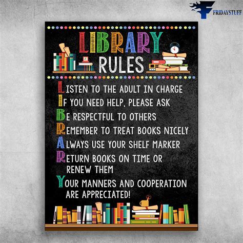 Library Poster Book Lover Library Rules Listen To The Adult In