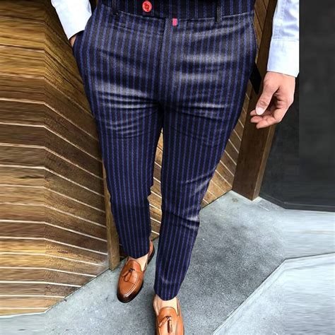 Fashion Mens Zipper Mid Waist Pants Business Interview Striped