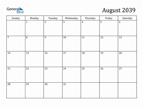 August 2039 Monthly Calendar Pdf Word Excel