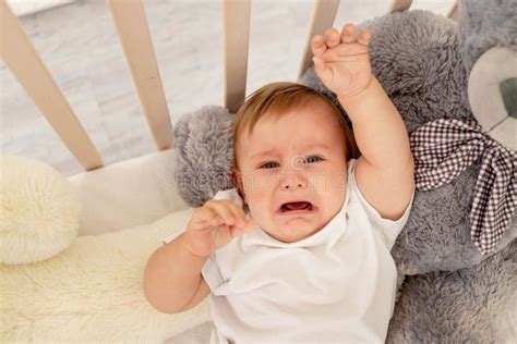 Baby Boy Six Months Old Crying In His Crib With A Big Teddy Bear Stock
