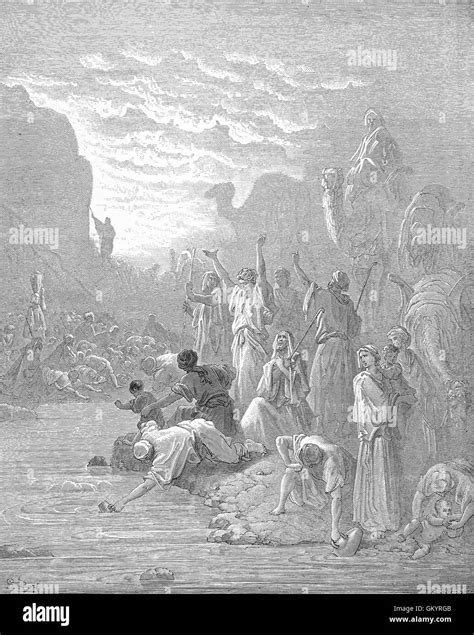 Engraving Of Moses Striking The Rock In Horeb By Gustave Doré Stock