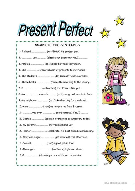 Present Perfect Exercises For Esl Students Exercise Poster
