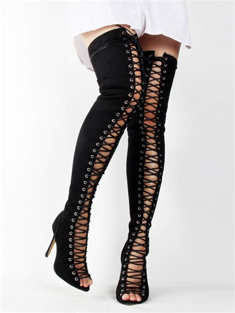 Thigh High Boots Womens Nubuck Lace Up Peep Toe Stiletto Heel Over The
