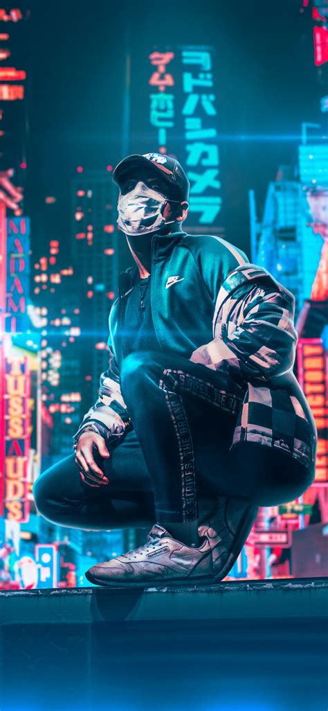 1125x2436 Hat Face Covered Mask Neon City 4k Iphone Xsiphone 10iphone