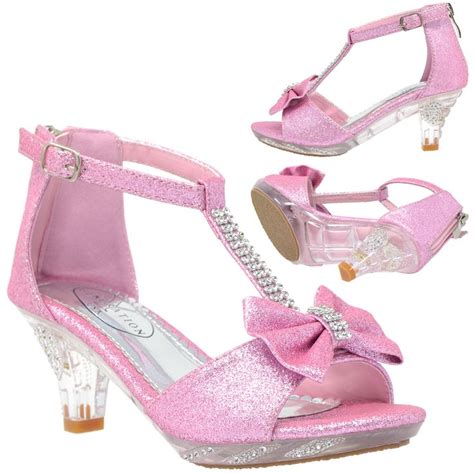 Kids Dress Sandals T Strap Rhinestone Glitter Clear High Heel Shoes