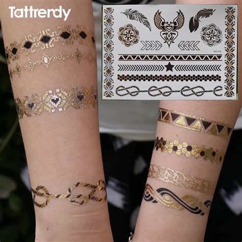 feather bracelets design flash metallic temporary tattoo sticker paster waterproof fake tattoos