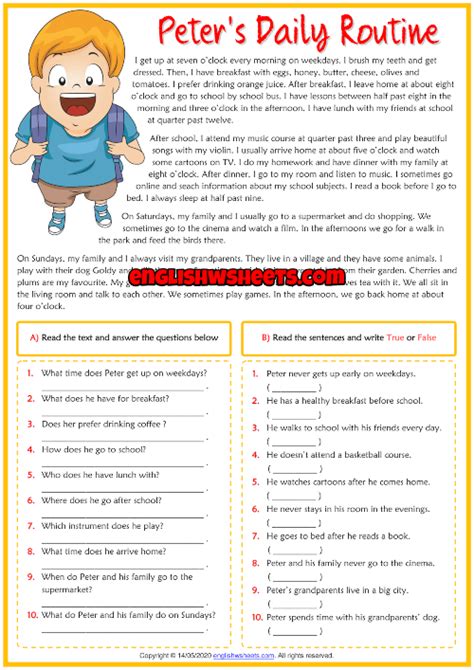 daily routines esl reading comprehension exercises worksheet