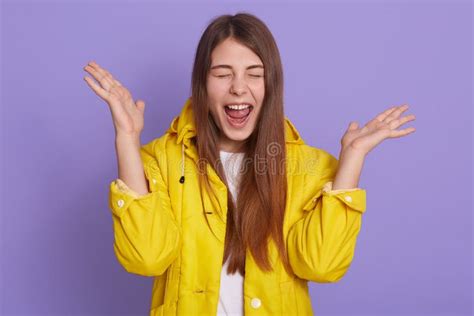 Emotional Young European Overjoyed Woman Raises Hands Shows Palms Feels Happiness Exclaims