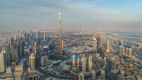 Aerial View Of Burj Khalifa Tower And Skyscrapers In Dubai United Arab