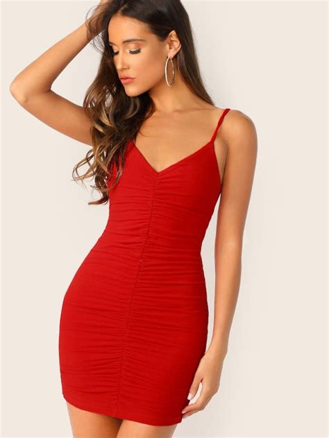 Solid Ruched Bodycon Slip Dress SHEIN Satin Bodycon Dress Lace