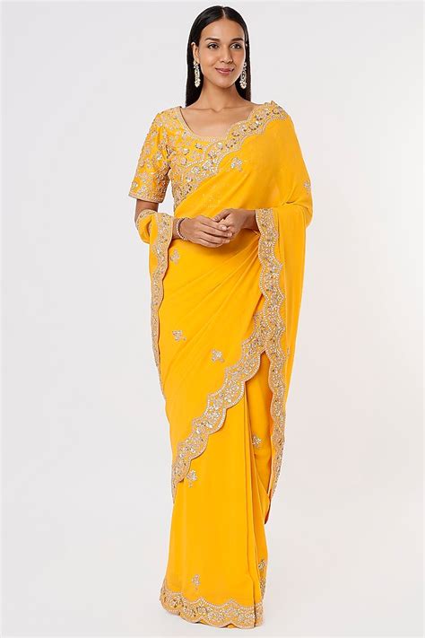 Yellow Hand Embroidered Saree Set Design By Surbhi Shah At Pernias Pop