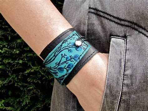 Leather Cuff Bracelet Wrap Twiggy Print In Black Turquoise Etsy