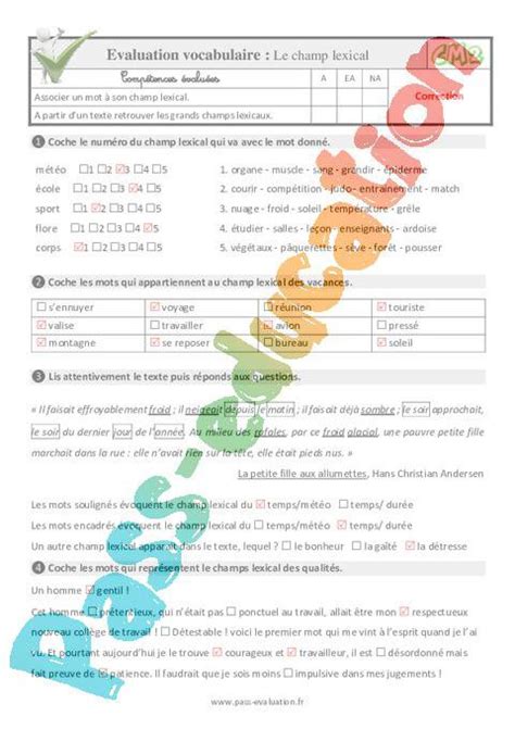 Le champ lexical au Cm2 Evaluation QCM Quiz PDF à imprimer par