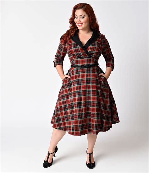 Unique Vintage 1950s Style Red Plaid Three Quarter Sleeve Trudy Swing Dress Plus Size Vintage
