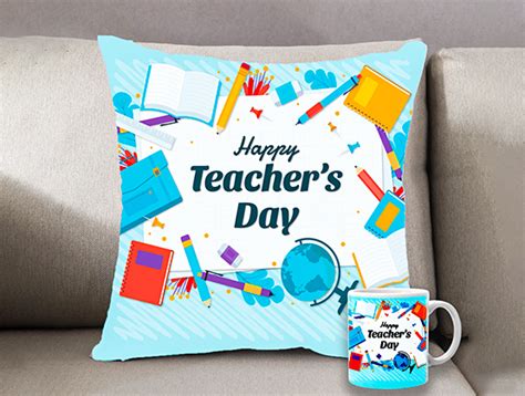 Happy Teachers Day Printed Blue Color Cushion And Ceramic Mug Combo