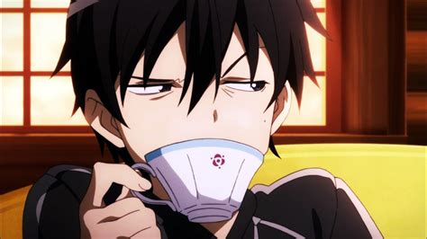 An Anime Character With Black Hair Drinking From A Cup