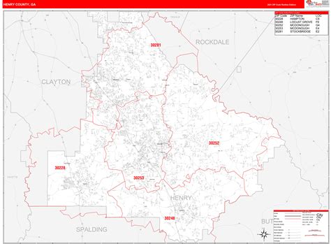 Henry County, GA Zip Code Wall Map Red Line Style by MarketMAPS - MapSales