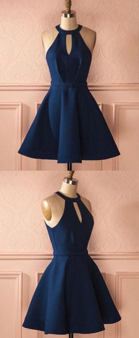 Cute A Line Halter Navy Blue Short Dress Elastic Satin Navy Short