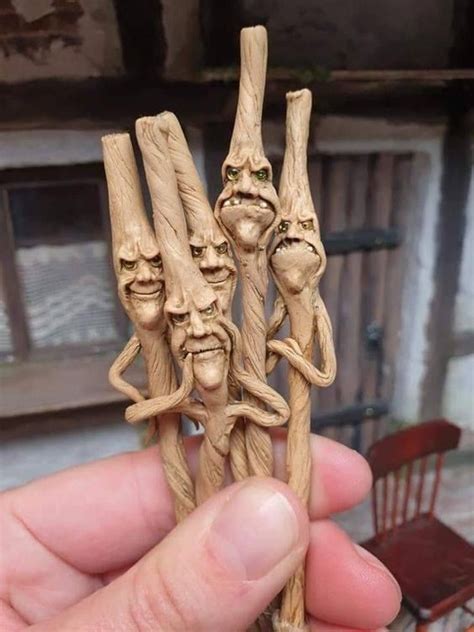 Miniature Carved Witchy Broom Sticks Wood Carving Faces Wood Carving