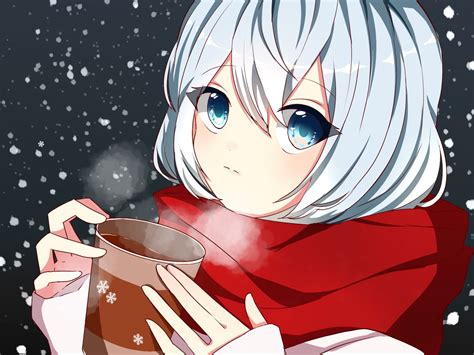 Anime Girl Drinking Hot Chocolate On A Cold Snowy Night By 萌