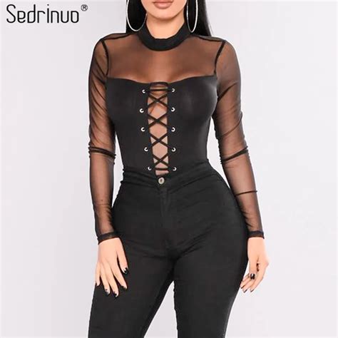 Sedrinuo Fashion Lace Up Front Long Sleeve Mesh Patchwork Black Bodysuits One Piece Bodycon Sexy