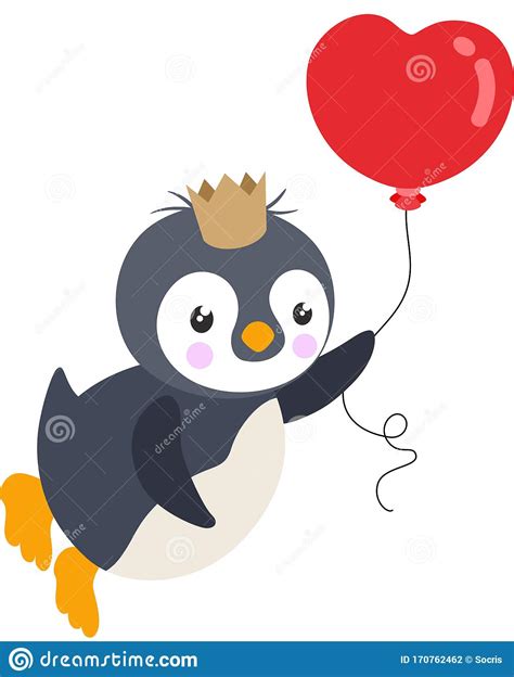 Cute King Penguin Flying With A Heart Shaped Balloon Stock Vector