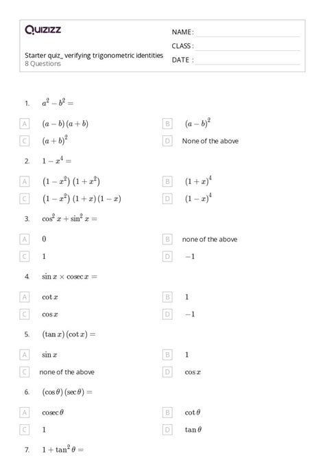 50 Trigonometric Identities Worksheets For 10th Class On Quizizz