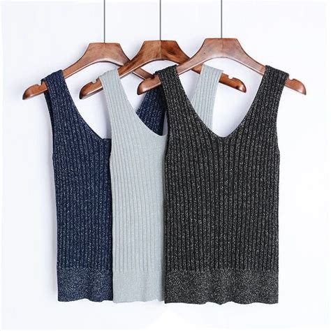 Sexy Backless Knitted Tank Tops Women Club Silver Thread V Neck Vest Elegant Back Bandage