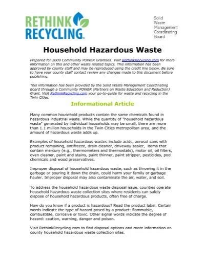 Household Hazardous Waste Solid Waste Management