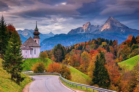 Hd Wallpaper Road Autumn Forest Trees Mountains Germany Bayern