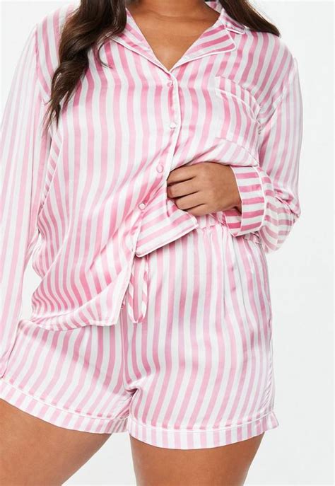 Plus Size Pink Stripe Satin Pyjama Set Missguided