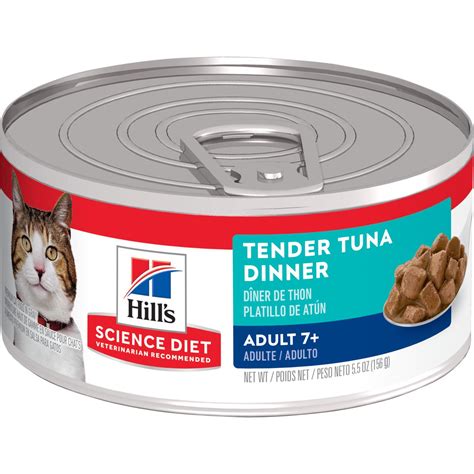 Hill's cat foods are divided into 3 main product lines: Hill's Science Diet Adult 7+ Tender Tuna Dinner cat food