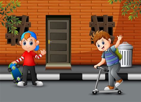 Dibujos Animados De Dos Niños Jugando Frente A La Casa Vector Premium
