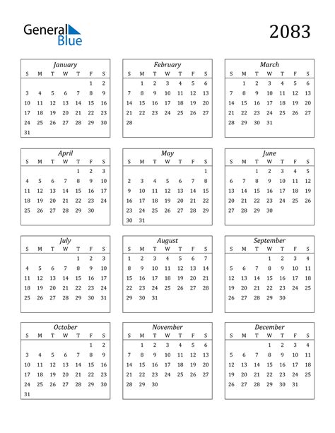 2083 Calendar Pdf Word Excel