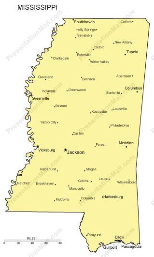 Mississippi Outline Map with Capitals & Major Cities- Digital Vector