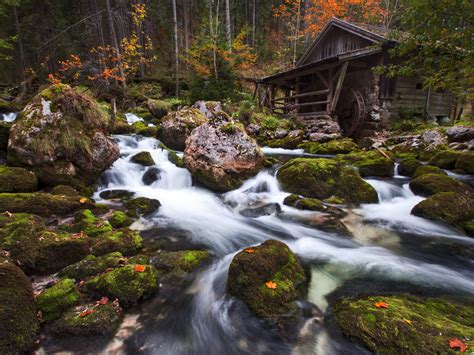 Desktop Wallpaper Waterfall Stream Nature Forest Wooden Hut