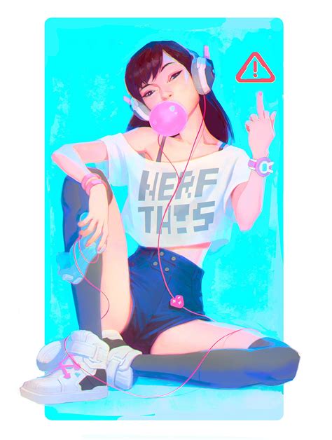 brown haired female wearing white crop top and blue shorts blowing bubble gum illustration