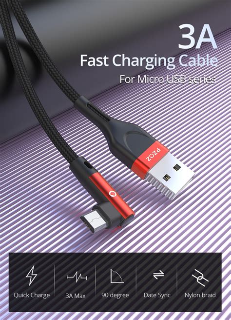 Black 2m Câble micro USB charge rapide coudé à 90 pour chargeur