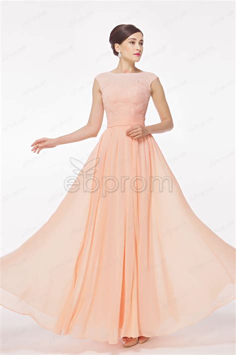 Modest Cap Sleeves Peach Pink Lace Chiffon Prom Dresses Long Peach