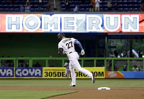 Stanton Hits Team Record 43rd Homer Marlins Beat Giants 8 3