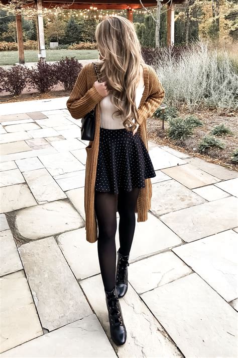 Fall Long Mustard Cardigan With Black Skirt Leggings And Combat Boots