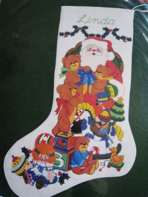 Crewel Stitchery Embroidery Christmas Stocking Kita Visit With Santa